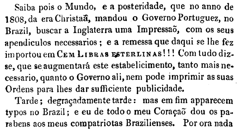 Citação do Correio Braziliense, de junho de 1808.