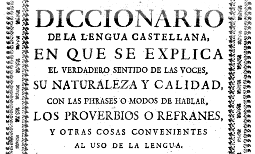 Cabeçalho da capa do dicionário castelhano de 1729.