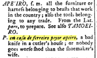 Trecho do 'Dictionary of the Portuguese and English' que lista a variante
'pior apeiro', além de suas equivalências em inglês.