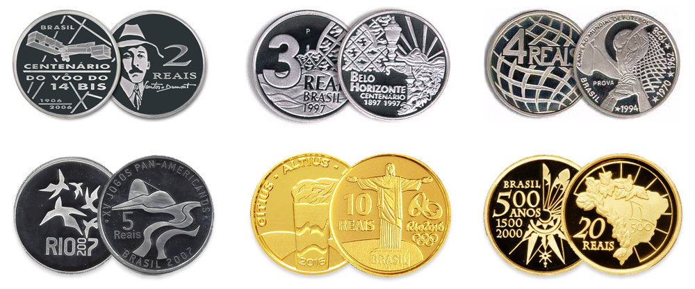 Exemplos de moedas comemorativas.