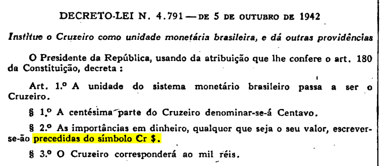 Página original do Diário Oficial da União, de 5 de outubro de 1942,
escaneada, com o mesmo texto descrito anteriormente. O cifrão ainda possui um
único traço.