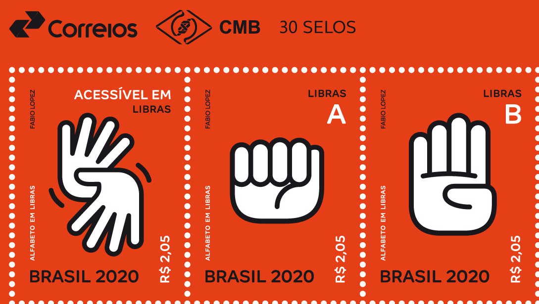 Selos representando diferentes letras em Libras, com o texto 'Brasil
2020' e 'Acessível em Libras', além do custo de R$2,05.